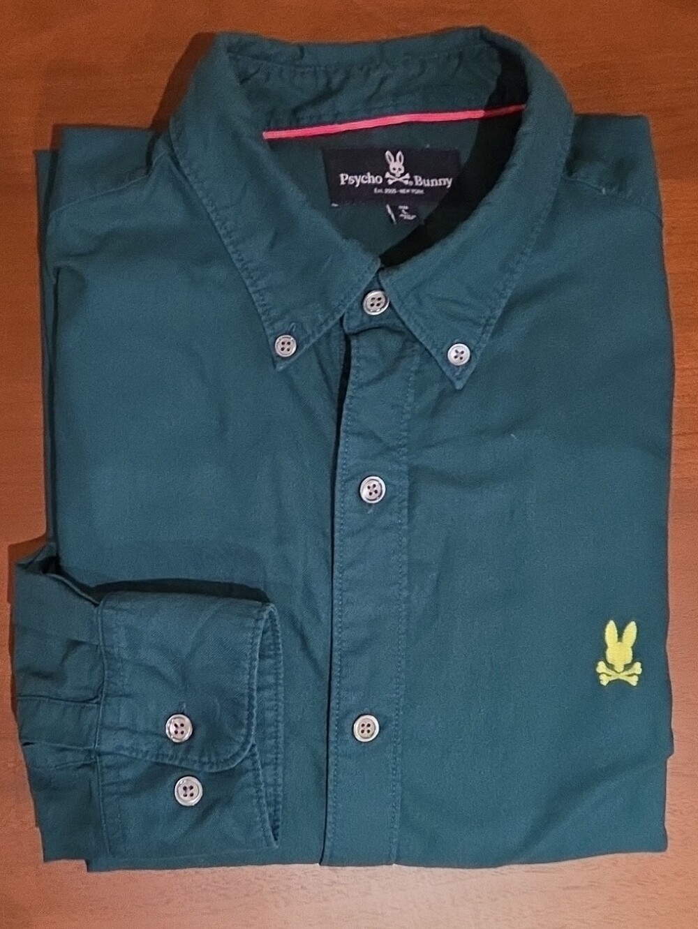 Psycho Bunny Men's Teal Green Button-Down Shirt with Contrast Bunny Logo